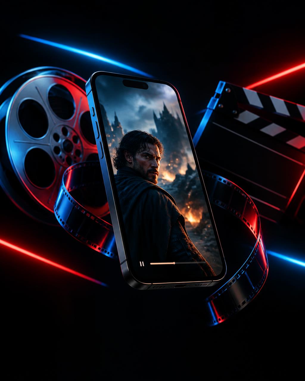 Celular exibindo corte de filme com luzes neon